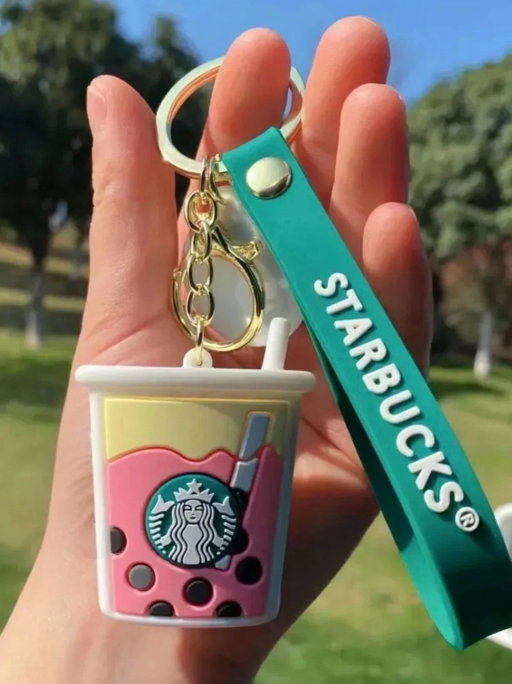 NEW Starbucks Teal Strap with Pink Bubble Tea Cup Bag Charm - Keychain